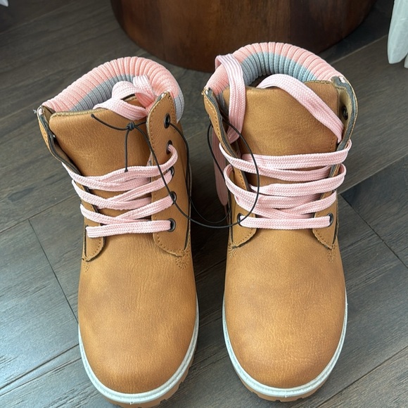 Olivia Miller Girl Ankle Combat boots, knit, trim,lace up rugged sole,cognac - Picture 2 of 6